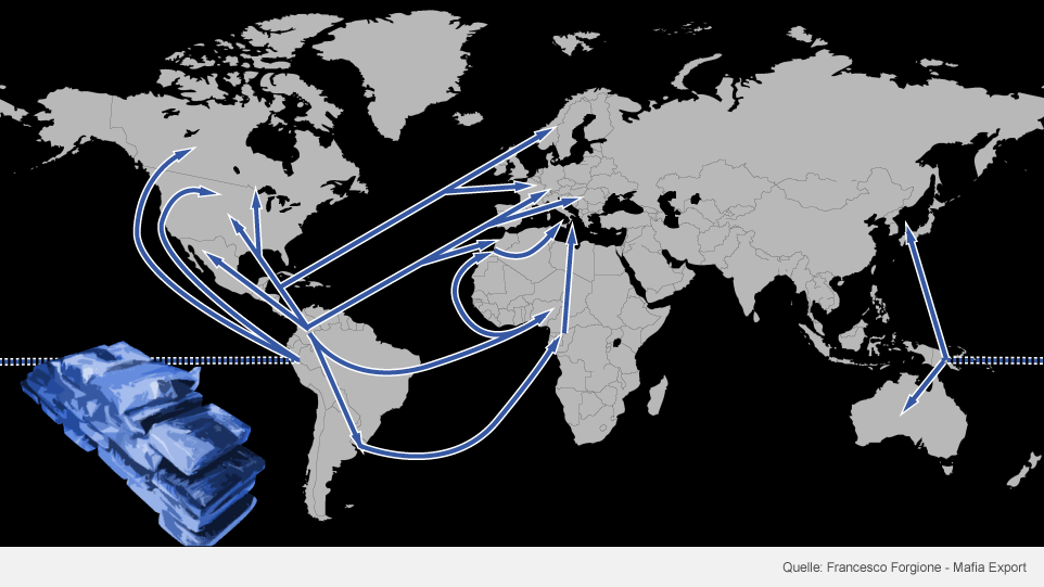 Karte: Transprotwege der Drogenkartellen Südamerikas weltweit | Bild: Francesco Forgione - Mafia Export