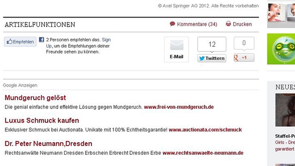 Google liefert Werbeanzeigen gemäß der Informationen aus, die es über einen Nutzer gesammelt hat. | Bild: BR / Screenshot welt.de
