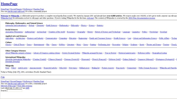 Wikipedia-Startseite aus dem Jahr 2001 (Ausschnitt): Das Design ist sehr spartanisch, die Suche – heute das wichtigste Element – ist an letzter Stelle ganz unten platziert. | Bild: Screenshot / wikipedia.org