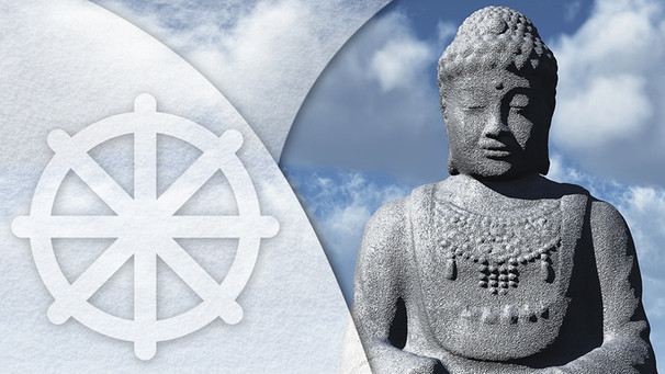 Illustration Tod und Weiterleben im Buddhismus: Dharma-Rad und Budda-Statue | Bild: colourbox.com; Montage: BR