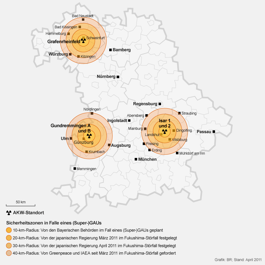 Karte: Sicherheitszonen im Fall eines GAUs in Bayern | Bild: BR
