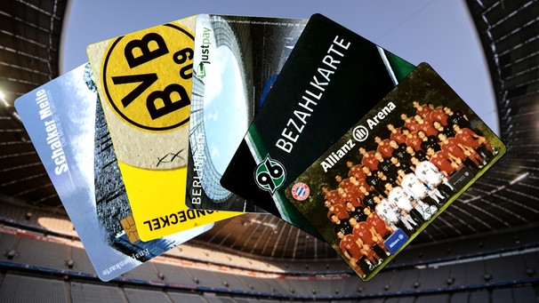 Montage: Aufgefächerte Bezahlkarten vor Allianz Arena | Bild: dpa-Bildfunk; BR; Montage: BR