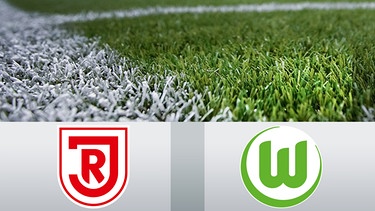 Fußballrasen mit Vereinslogos: SSV Jahn Regensburg - VfL Wolfsburg II | Bild: picture-alliance/dpa