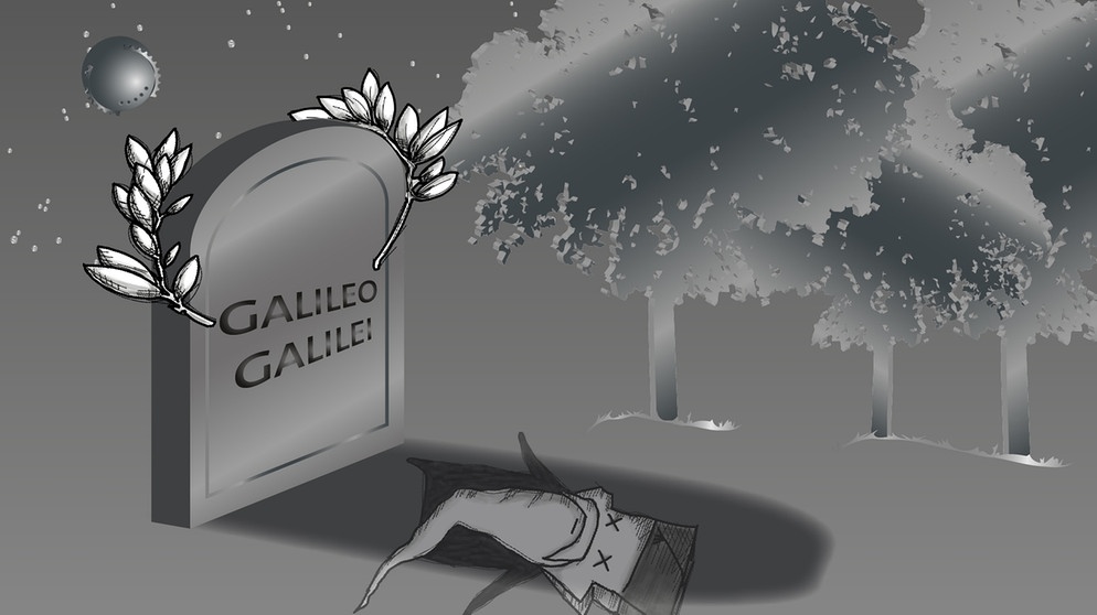 Illustration: Galileo Galileis Grabstein. Am 8.1.1642 stirbt Galileo Galilei - unter Hausarrest in seinem Haus bei Florenz. Er hinterlässt eine Welt, die sich anders bewegt als zuvor. | Bild: BR/Anna Hunger