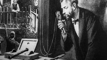 Johann Philipp Reis mit dem von ihm entwickelten "Ferntonapparat", einem Vorläufer des Telefons (Zeichnung aus dem Jahr 1923) | Bild: picture-alliance/dpa