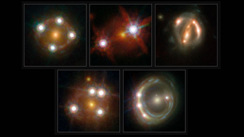 Einzelbilder des Hubble-Teleskops von fünf Quasaren, deren Licht von davor liegenden Galaxien gebrochen, abgelenkt und dabei vervielfacht oder verschmiert wird. | Bild: ESA/Hubble, NASA, Suyu et al.