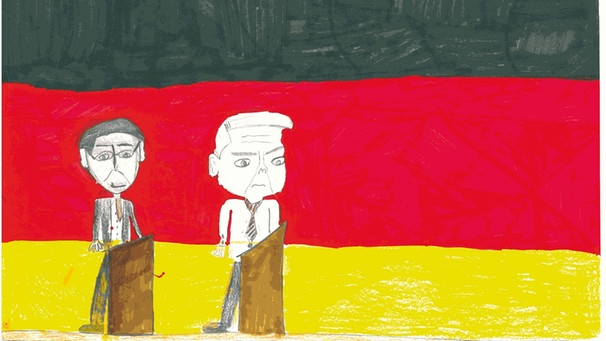 Einer geht, einer kommt: Die Bundespräsidenten Wulff und Gauck, gezeichnet von Büsra aus der Klasse 4b | Bild: Zeichnung: Klasse 4b