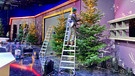 Frau steht in weihnachtlich geschmücktem Studio auf Leiter und schmückt Weihnachtsbaum, im Hintergrund schmückt ein Mann auf einer Leiter einen Weihnachtsbaum | Bild: Rosmarie Grandl 
