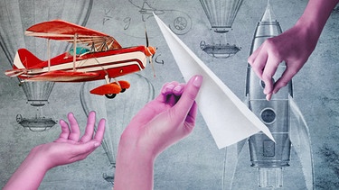 Illustration/Collage: Flugzeug, Hände, Heißluftballon, Rakete | Bild: colourbox.com; BR