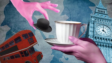 Illustration/Collage: Big Ben, Doubledecker Bus, Teetasse, Sherlock Holmes | Bild: colourbox.com; BR