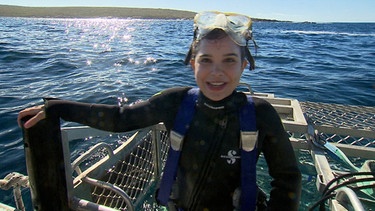 Mit dem Hai unter Wasser | Anna steigt in den Käfig, um den weißen Hai unter Wasser zu beobachten | Bild: BR | Text und Bild Medienproduktion 