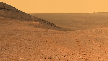 Das von der US-Weltraumbehörde Nasa veröffentliche Bild zeigt eine Landschaft auf dem Mars - und Spuren vom Rover Opportunity. | Bild: picture alliance / Nasa