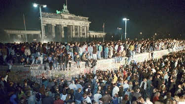 30 Jahre Mauerfall - Literatur nach '89: Archivbild Menschen auf der Berliner Mauer vor dem Brandenburger Tor in der Nacht vom 9. auf den 10.11.1989 | Bild: dpa-Bildfunk/Peter Kneffel