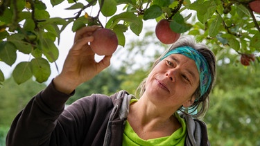 Biogärtnerin und Landschaftspflegerin Kristin Brandt bei der Apfelkontrolle auf ihrem Selbstversorgerhof. | Bild: BR/WDR/Melanie Grande