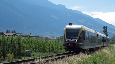 Ein Regionalzug der Vinschger - Bahn faehrt bei Latsch( Laces ) im mittleren Vinschgau durch Obstplantagen | Bild: picture-alliance/dpa