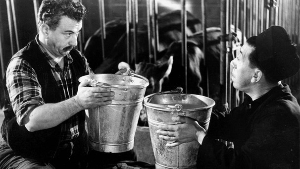 Manchmal müssen Don Camillo (Fernandel, rechts) und der grantige Peppone (Gino Cervi) eben doch zusammenarbeiten: zum Beispiel im Kuhstall. | Bild: ARD Degeto/BR