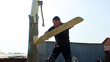 Ein Mann legt ein Brett in einen Baum | Bild: BR