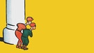Zwei Comic Figuren verstecken sich hinter einer Säule. Der Hintergrund ist gelb. | Bild: BR