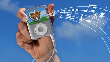 Ein iPod mit dem "Dahoam is Dahoam"-Logo und Musiknoten | Bild: BR, colourbox.com; Montage: BR