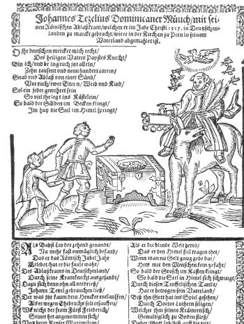 Holzschnitt von 1517: Das Spottflugbatt zeigt den Dominikanermönch und Ablasshändler Johann Tetzel und Martin Luther, der in seinen 95 Thesen aus demselben Jahr das Ablasswesen anprangert | Bild: SZ Photo