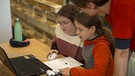 Eine Vertreterin der Technischen Hochschule Nürnberg zeigt zwei Kindern auf der Consumenta das Programmieren. | Bild: BR