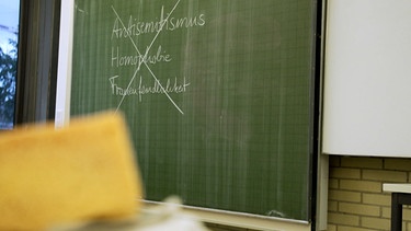 An einer Tafel stehen durchgestrichen die Worte "Antisemitismus", "Homophobie" und "Frauenfeindlichkeit" | Bild: BR