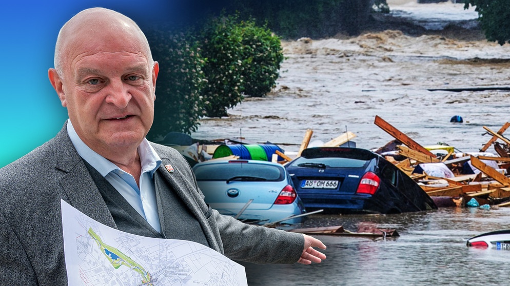 Bildcollage Bürgermeister Klaus Schmidt mit Hochwasserchaos. Klaus Schmidt möchte Simbach am Inn besser vor Hochwasser schützen.  | Bild: BR/Gut zu wissen