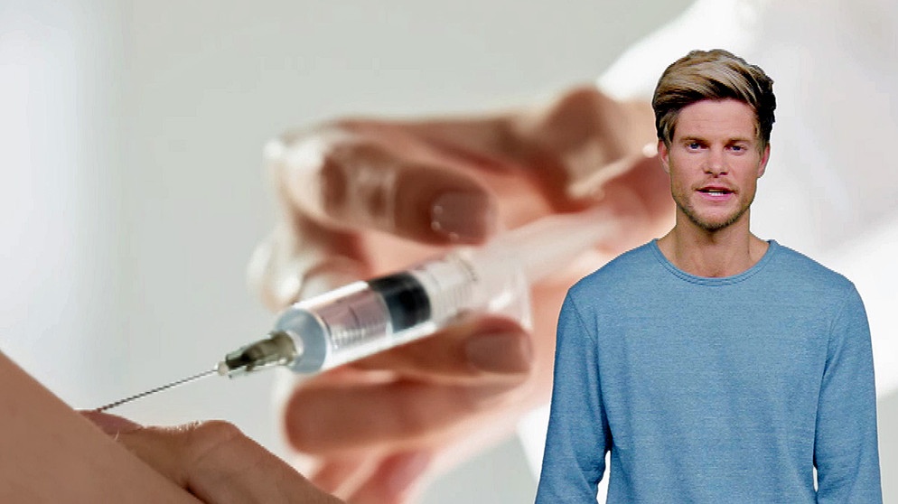 Philip Häusser vor Bild einer Impfung mit einer Spritze | Bild: BR