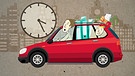 Grafik mit vollgepacktem Auto, das zeigen soll, wie im alltäglichen Familienstress die Zeit wegrennt.   | Bild: BR
