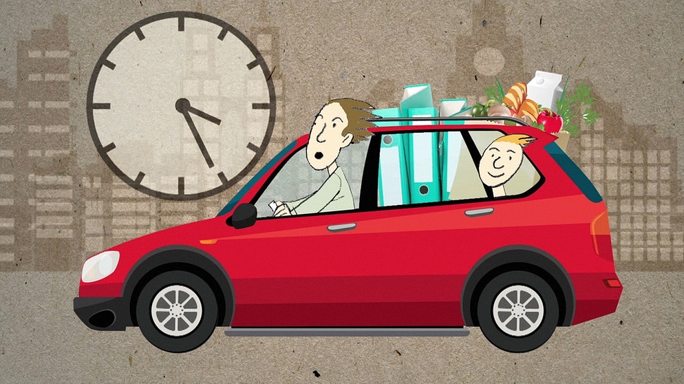 Grafik mit vollgepacktem Auto, das zeigen soll, wie im alltäglichen Familienstress die Zeit wegrennt.   | Bild: BR