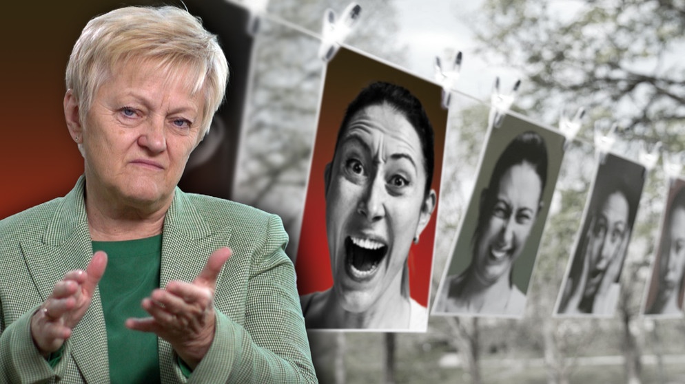 Renate Künast, Bundestagsabgeordnete, im Hintergrund Bilder mit Frauengesichtern, die Emotionen ausdrücken. Was macht Hass mit uns? | Bild: BR