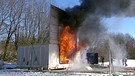 Brennendes Holzbau. Der Bau simuliert eine brennende Wohnung mit zwei Stockwerken darüber.   | Bild: BR/Gut zu wissen