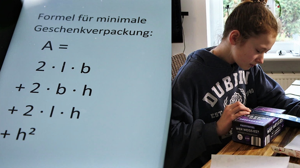 Geteiltes Bild: Matheformel für minimale Geschenkverpackung und Mädchen das ein Verpackung ausmisst.  | Bild: BR/Gut zu wissen