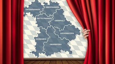 Bühne mit rotem Vorhang, der von einer Hand aufgezogen wird, im Hintergrund eine Bayernkarte | Bild: colourbox.com; Montage: BR