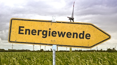 Ein gelbes, zerkratztes Hinweisschild mit der Aufschrift "Energiewende" vor einem Maisfeld und einigen Windkraftanlagen. | Bild: picture alliance / SULUPRESS.DE | Torsten Sukrow/SULUPRESS.DE