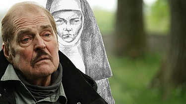 Symbolbild: Hinter einem Mann, der früher Heimkind war, steht eine gezeichnete Nonne | Bild: BR