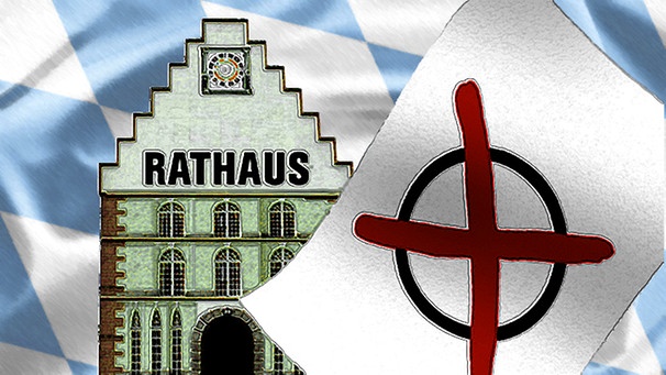 Illustration: Zettel mit Wahlkreuz vor stilisiertem Rathaus und Rautenhintergrund | Bild: colourbox.com, BR, Montage: BR