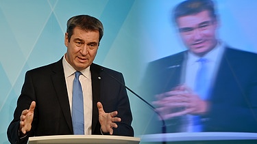 Markus Söder, CSU, bayerischer Ministerpräsident auf einer Pressekonferenz | Bild: picture alliance / SvenSimon | Frank Hoermann/SVEN SIMON
