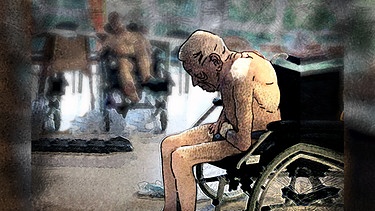 Illustration: Ein älterer Mann sitzt vornüberebeugt in einem Rollstuhl | Bild: BR, Illustration: Anna Hunger