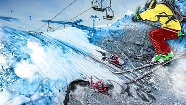 Skifahrer springt auf Piste, die mit Baggern gebaut wird | Bild: picture-alliance/dpa / Collage: BR