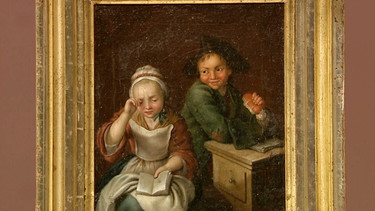 Ein weinendes Mädchen mit Buch, ein lachender Bub mit einem Milchbrötchen in der Hand: Dieses Schelmenstück aus der Goethe-Zeit amüsiert und moralisiert zugleich. Doch welche Interpretation ist wohl die richtige? Geschätzter Wert: 1.200 bis 1.500 Euro | Bild: BR