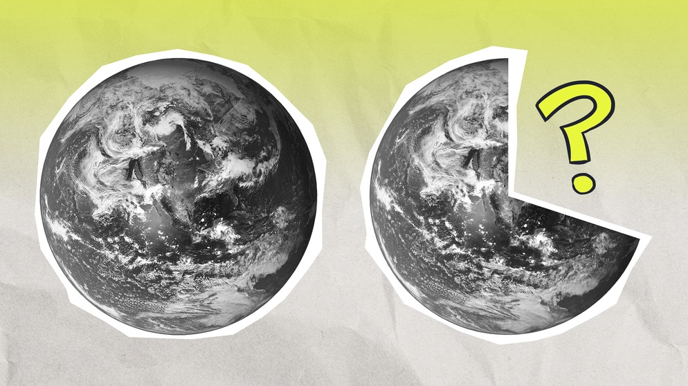 Zwei Erden werden gegenüber gestellt: links in voller Größe, rechts nur ein Dreiviertelkreis mit Fragezeichen. | Bild: BR/PlanetB