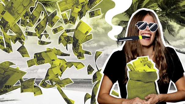 Collage Ilka Knigge mit Sonnenbrille und Sack voller Geldscheine. | Bild: BR