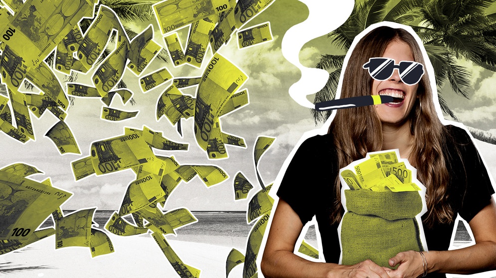 Collage Ilka Knigge mit Sonnenbrille und Sack voller Geldscheine. | Bild: BR