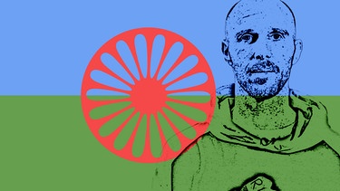 Der Musiker Mal Élevé - stellvertretend für Roma und Sinti - vor der Flagge der Roma | Bild: Andreas Krieger, colourbox | Montage: BR