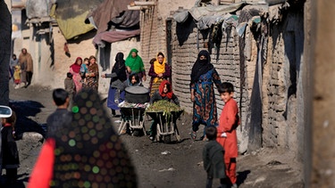16.02.2022, Afghanistan, Kabul: Frauen und Kinder schieben Schubkarren und gehen eine schlammige Gasse in einem Armutsviertel der Hauptstadt entlang. Foto: Hussein Malla/AP/dpa +++ dpa-Bildfunk +++ | Bild: dpa-Bildfunk/Hussein Malla