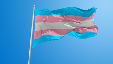 Eine wehende Transgender Flagge vor blauem Himmel. | Bild: stock.adobe.com/ Maxim