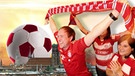 FCB Fans vor Münchener Stadtsilhouette, dahinter geht ein rot-weisser Fußball als Sonne auf | Bild: picture-alliance/dpa; Montage: BR