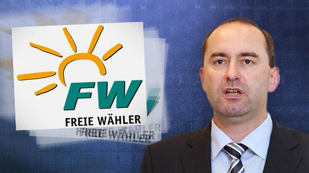 Der Vorsitzende der Freien Wähler Hubert Aiwanger neben dem wackelnden Parteilogo  | Bild: picture-alliance/dpa; BR