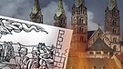 Stich mit Hexen auf dem Scheiterhaufen vor Bamberger Dom | Bild: picture-alliance/dpa; br; montage:br